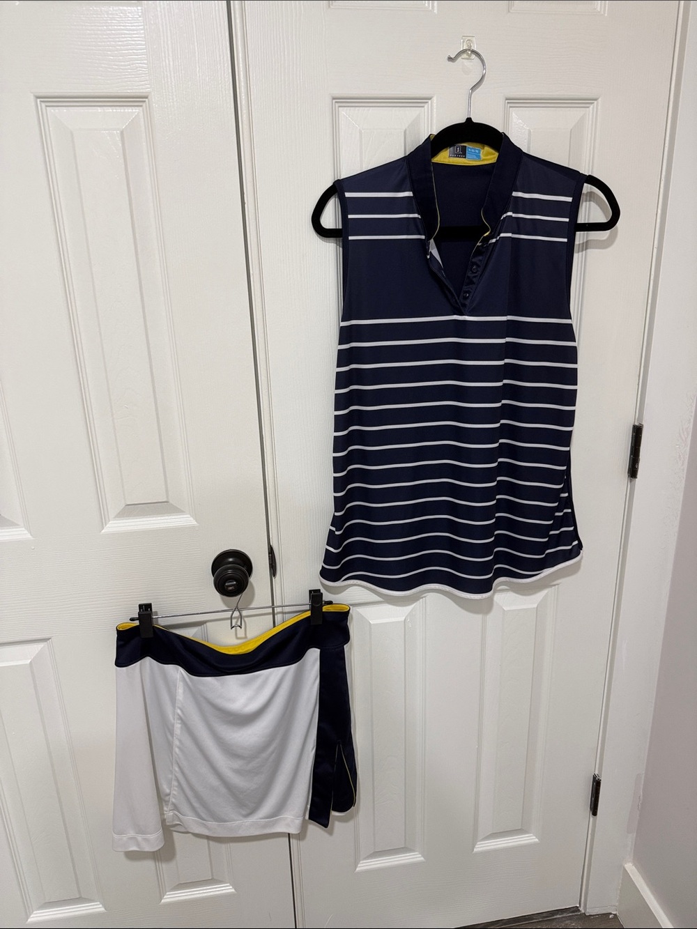 PGA Tour Navy and White Striped Sleeveless Golf Polo with White Skort